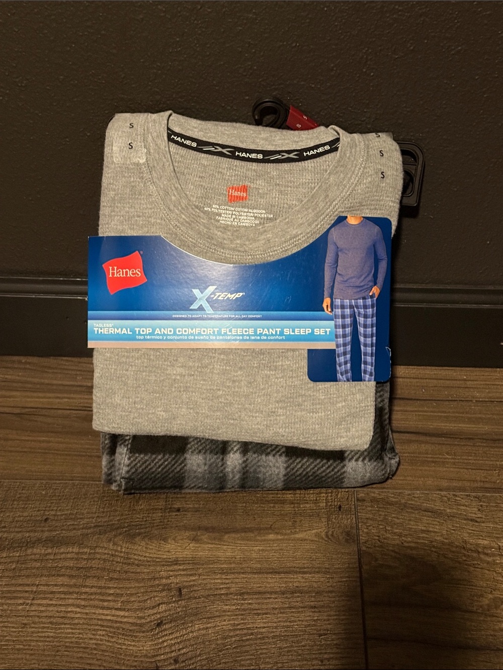 Hanes Gray Thermal Top with Gray and Black Plaid Fleece Pants Pajama Set